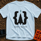 Pine Bracket Spark - T-Shirt in Chambray - A black silhouette of a pine tree centered between two large curly brackets,...