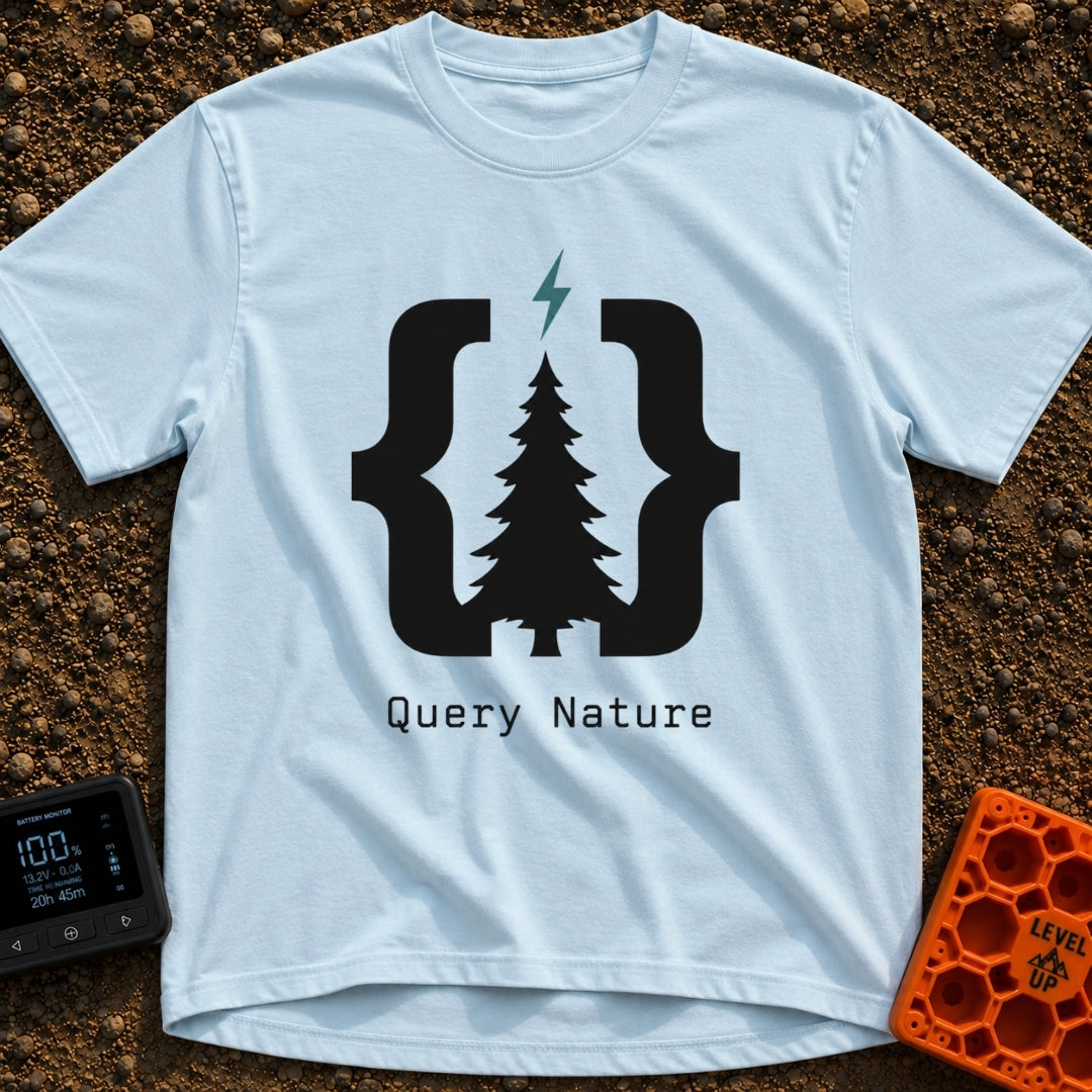 Pine Bracket Spark - T-Shirt in Chambray - A black silhouette of a pine tree centered between two large curly brackets,...