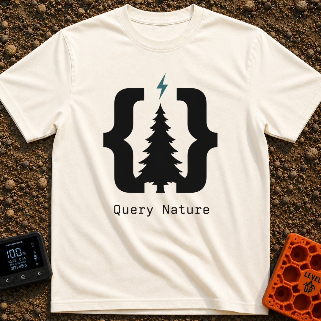 Pine Bracket Spark - T-Shirt in Ivory - A black silhouette of a pine tree centered between two large curly brackets, with...
