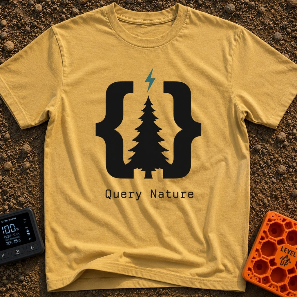 Pine Bracket Spark - T-Shirt in Mustard - A black silhouette of a pine tree centered between two large curly brackets,...