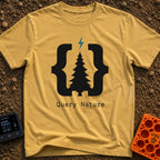 Pine Bracket Spark - T-Shirt in Mustard - A black silhouette of a pine tree centered between two large curly brackets,...