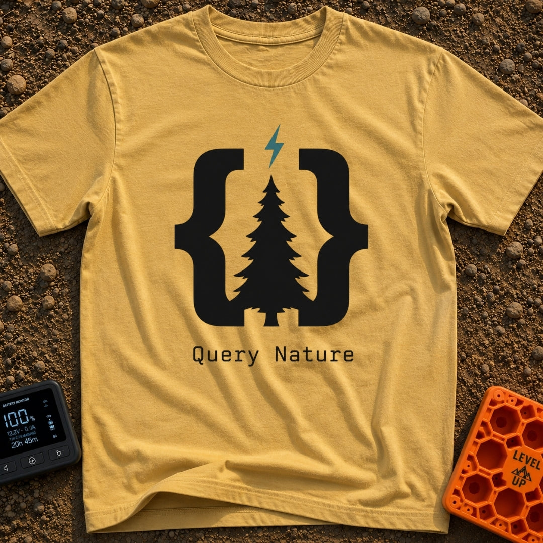 Pine Bracket Spark - T-Shirt in Mustard - A black silhouette of a pine tree centered between two large curly brackets,...