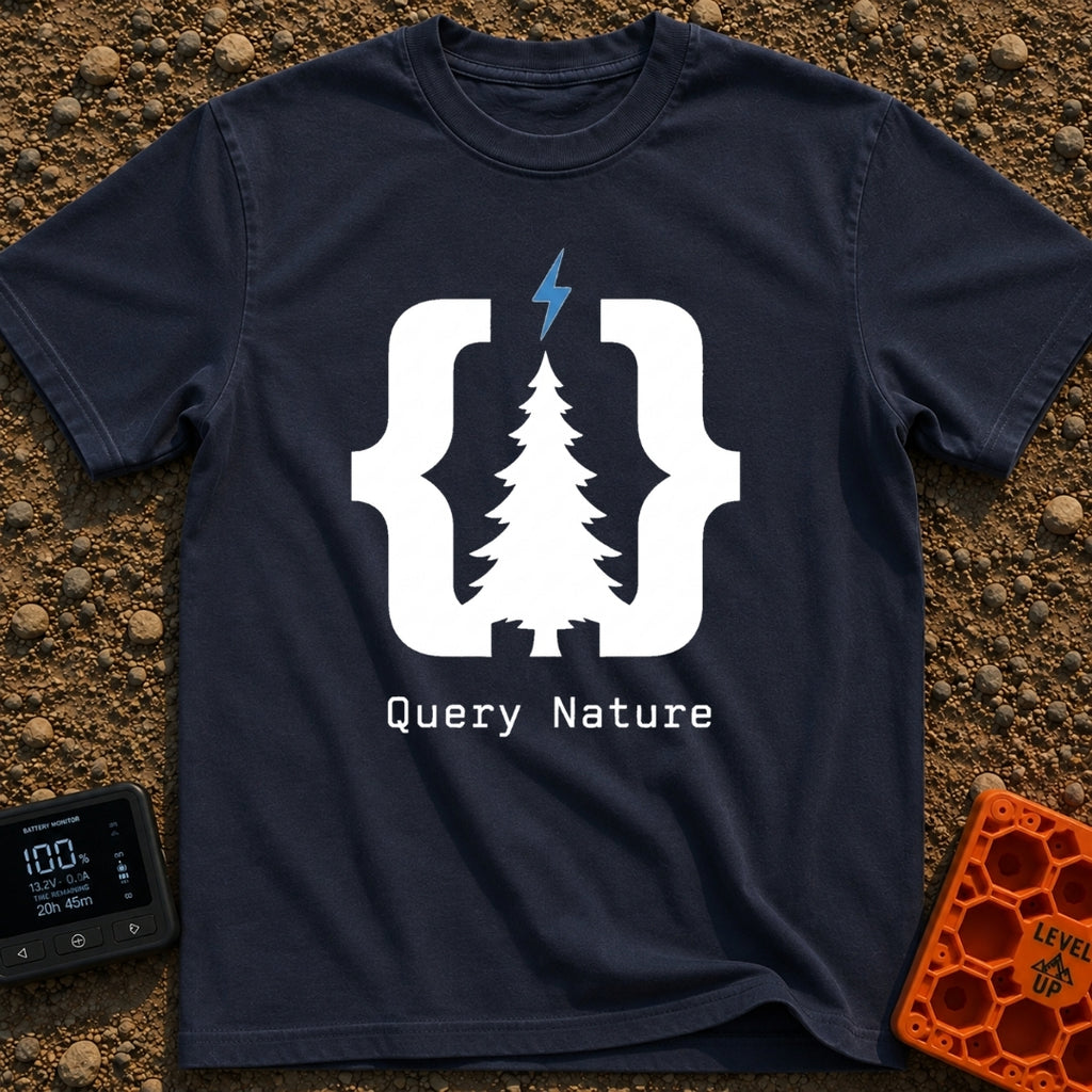 Pine Bracket Spark - T-Shirt in Navy - A black silhouette of a pine tree centered between two large curly brackets, with...