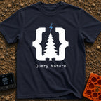 Pine Bracket Spark - T-Shirt in Navy - A black silhouette of a pine tree centered between two large curly brackets, with...