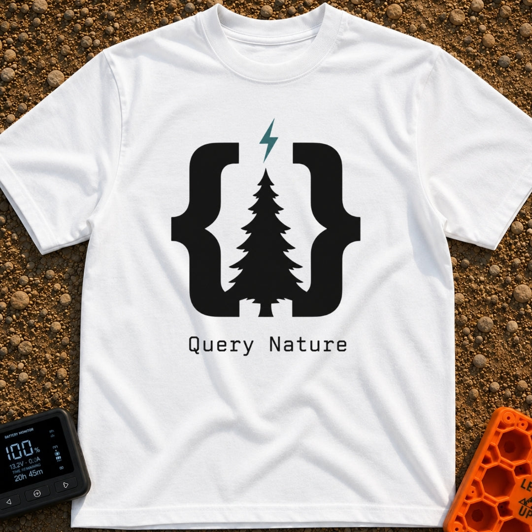 Pine Bracket Spark - T-Shirt in White - A black silhouette of a pine tree centered between two large curly brackets, with...