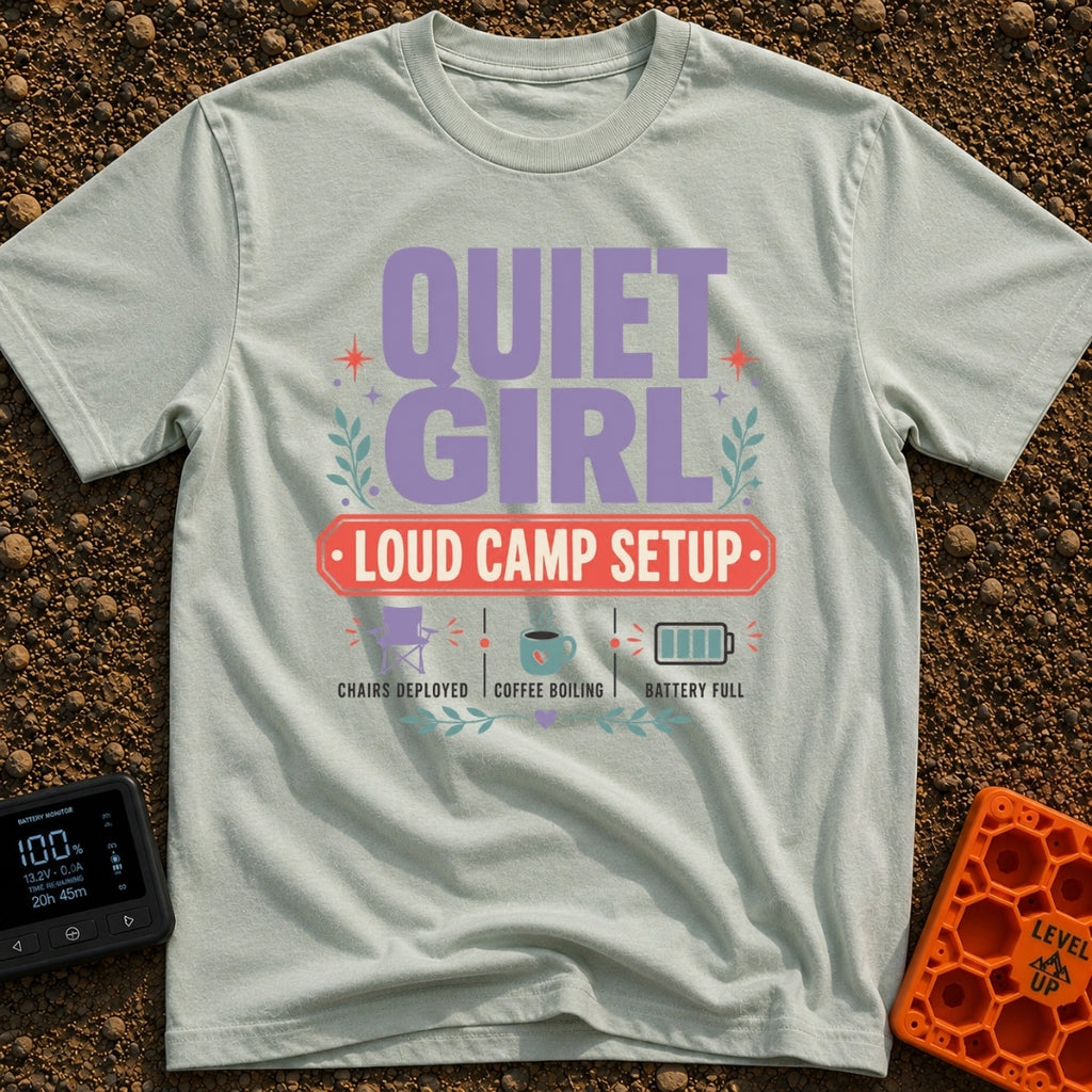 Quiet Girl Loud Setup - T-Shirt in Bay - Text-heavy design featuring the words "QUIET GIRL" in large purple letters above...