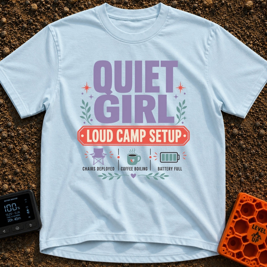 Quiet Girl Loud Setup - T-Shirt in Chambray - Text-heavy design featuring the words "QUIET GIRL" in large purple letters...