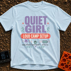 Quiet Girl Loud Setup - T-Shirt in Chambray - Text-heavy design featuring the words "QUIET GIRL" in large purple letters...