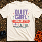 Quiet Girl Loud Setup - T-Shirt in Ivory - Text-heavy design featuring the words "QUIET GIRL" in large purple letters...
