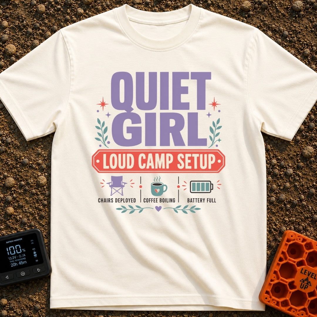 Quiet Girl Loud Setup - T-Shirt in Ivory - Text-heavy design featuring the words "QUIET GIRL" in large purple letters...