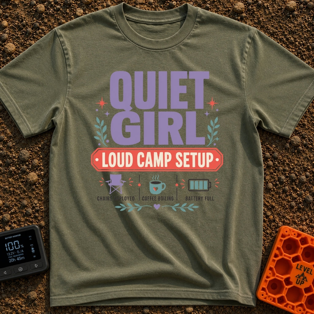 Quiet Girl Loud Setup - T-Shirt in Moss - Text-heavy design featuring the words "QUIET GIRL" in large purple letters...