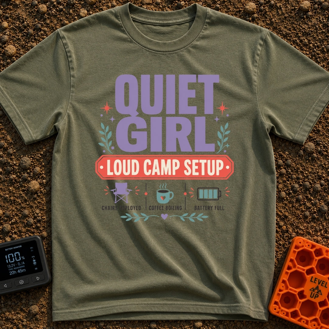 Quiet Girl Loud Setup - T-Shirt in Moss - Text-heavy design featuring the words "QUIET GIRL" in large purple letters...