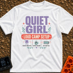 Quiet Girl Loud Setup - T-Shirt in White - Text-heavy design featuring the words "QUIET GIRL" in large purple letters...