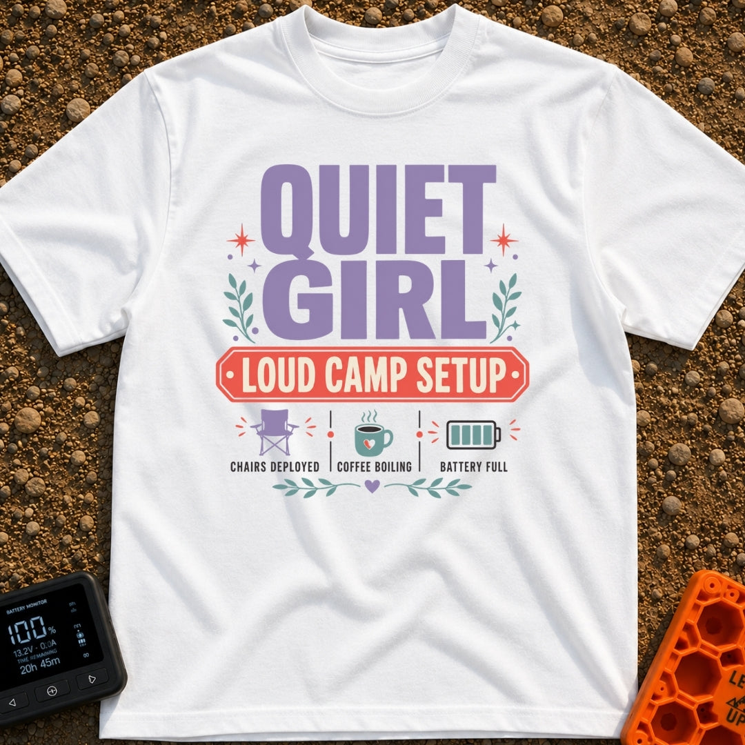 Quiet Girl Loud Setup - T-Shirt in White - Text-heavy design featuring the words "QUIET GIRL" in large purple letters...