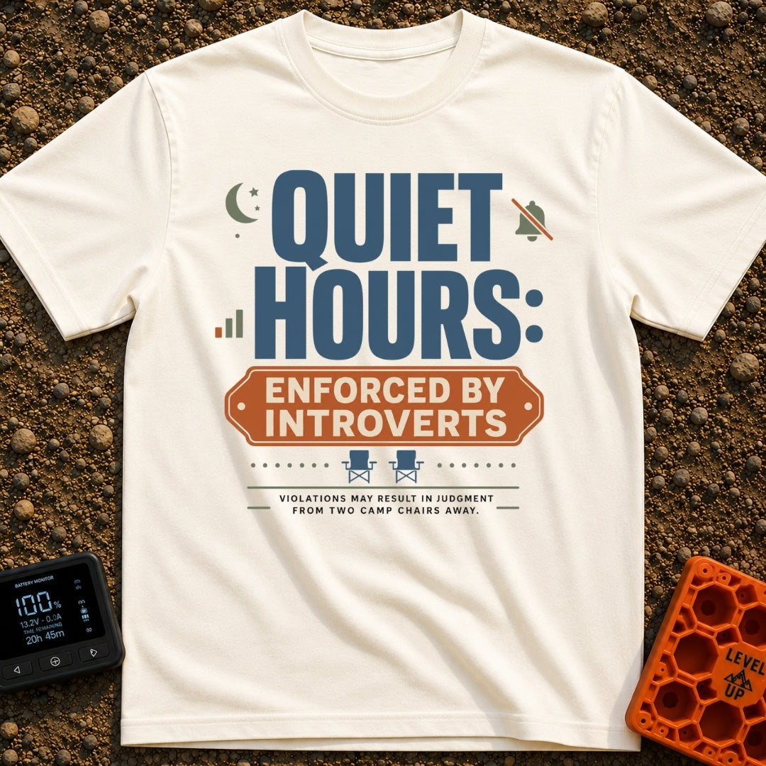 Silence Enforced By Introverts - T-Shirt in Ivory - A typographic design reading "QUIET HOURS: ENFORCED BY INTROVERTS"...