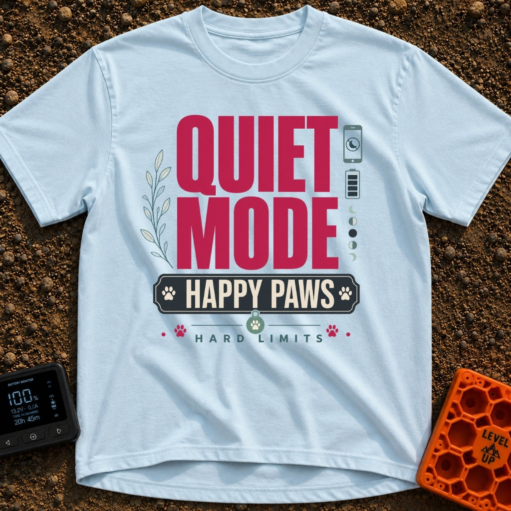 Quiet Mode Happy Paws - T-Shirt in Chambray - A typographic design reading "QUIET MODE" in large red letters, with "HAPPY...