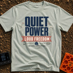 Low Signal High Standards - T-Shirt in Bay - Typographic design featuring the large text 'QUIET POWER' above a red ribbon...