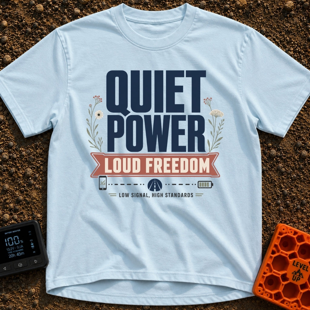 Low Signal High Standards - T-Shirt in Chambray - Typographic design featuring the large text 'QUIET POWER' above a red...