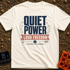 Low Signal High Standards - T-Shirt in Ivory - Typographic design featuring the large text 'QUIET POWER' above a red...