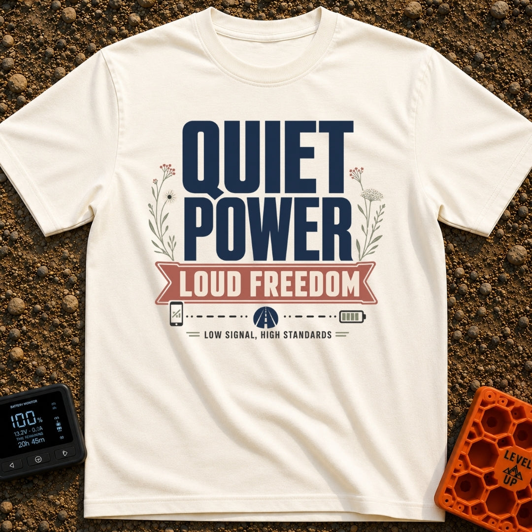 Low Signal High Standards - T-Shirt in Ivory - Typographic design featuring the large text 'QUIET POWER' above a red...