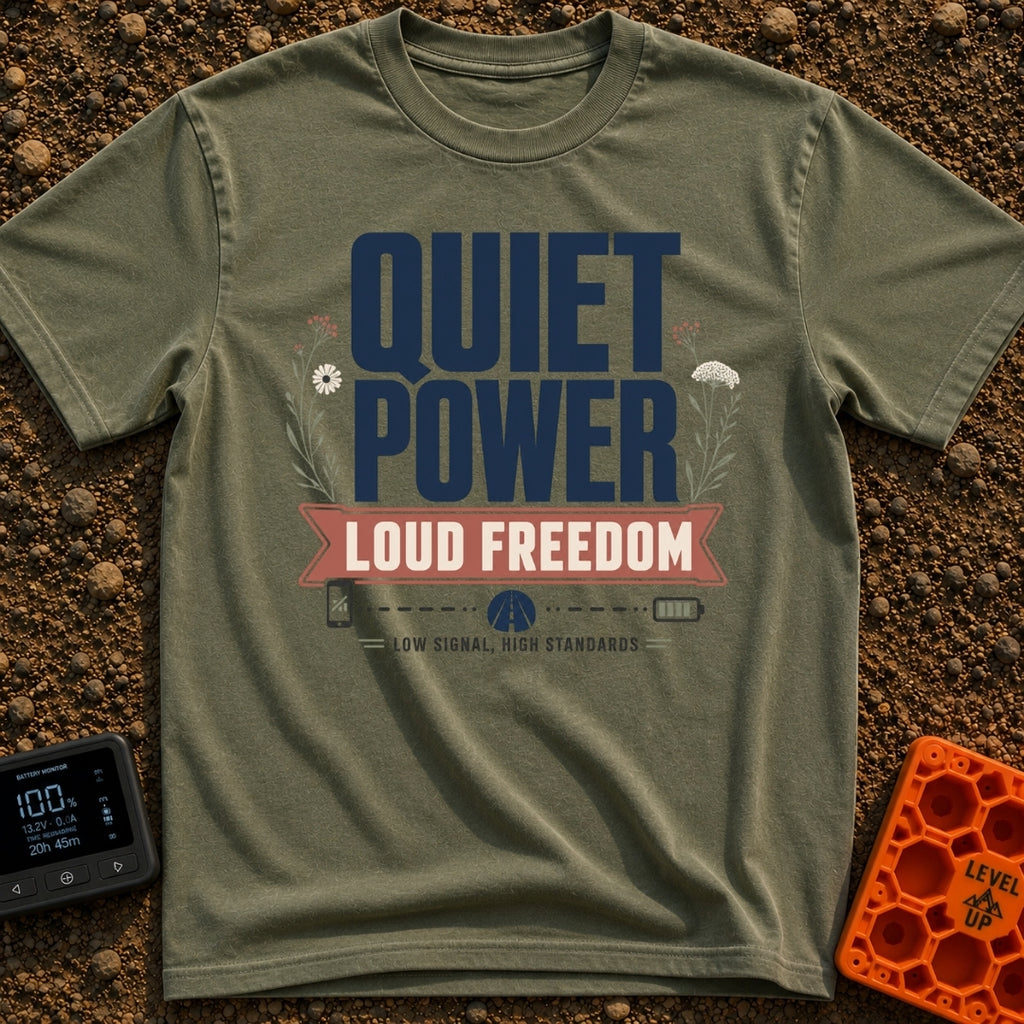 Low Signal High Standards - T-Shirt in Moss - Typographic design featuring the large text 'QUIET POWER' above a red...
