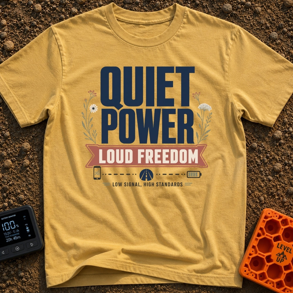 Low Signal High Standards - T-Shirt in Mustard - Typographic design featuring the large text 'QUIET POWER' above a red...