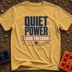 Low Signal High Standards - T-Shirt in Mustard - Typographic design featuring the large text 'QUIET POWER' above a red...
