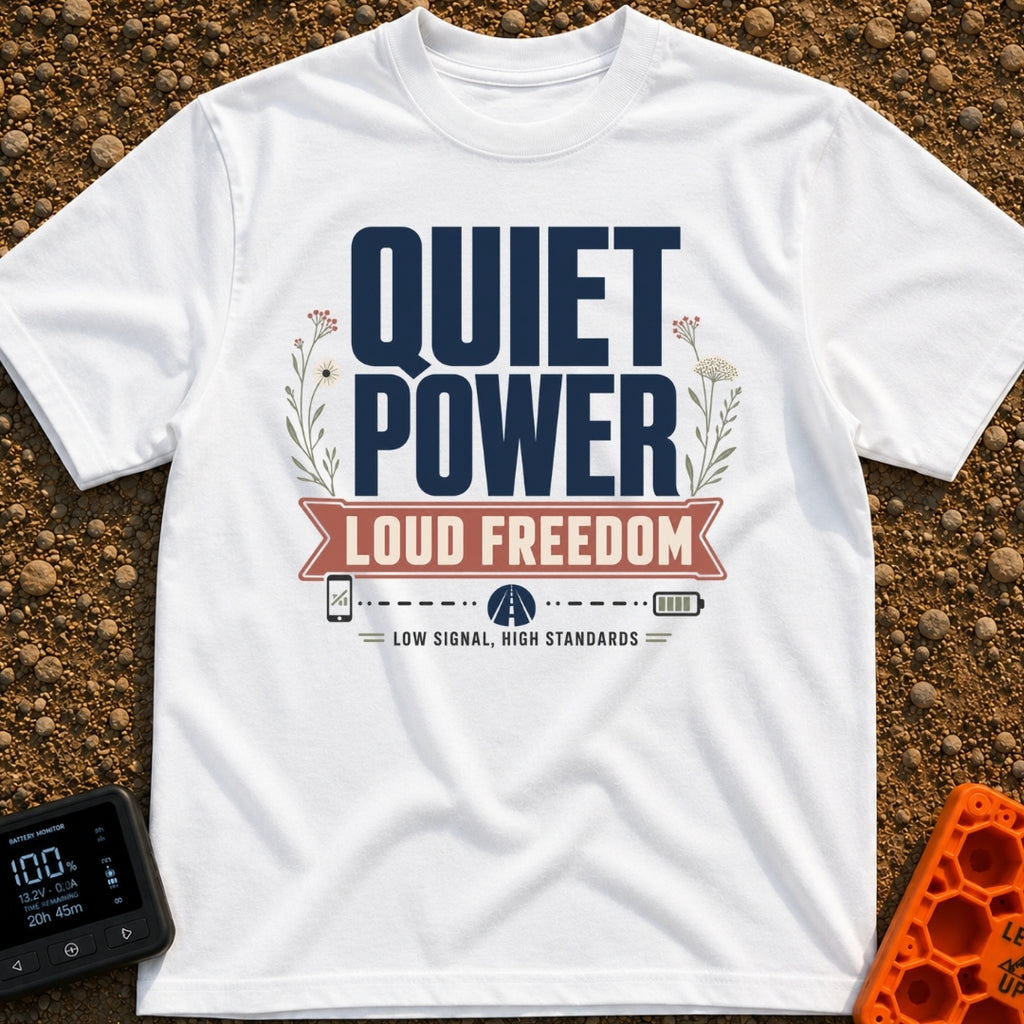 Low Signal High Standards - T-Shirt in White - Typographic design featuring the large text 'QUIET POWER' above a red...