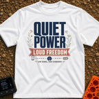 Low Signal High Standards - T-Shirt in White - Typographic design featuring the large text 'QUIET POWER' above a red...