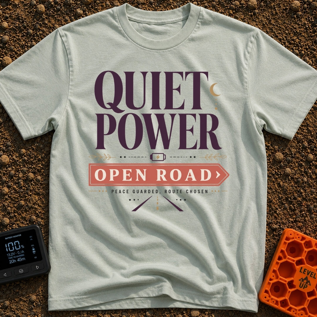Hushed Highway Harmony - T-Shirt in Bay - A typographic design featuring the large text "QUIET POWER" above a small...