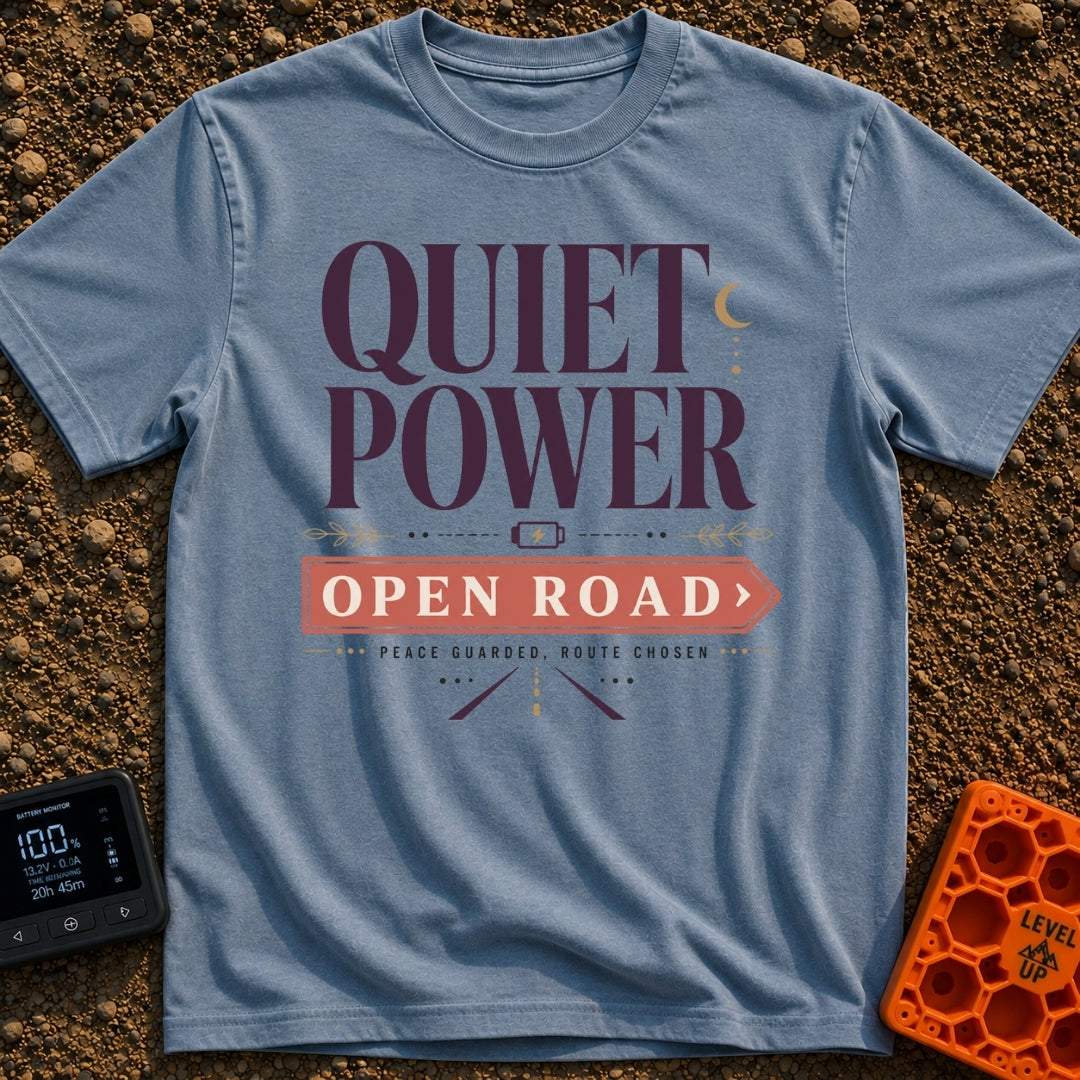 Hushed Highway Harmony - T-Shirt in Blue Jean - A typographic design featuring the large text "QUIET POWER" above a small...