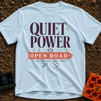 Hushed Highway Harmony - T-Shirt in Chambray - A typographic design featuring the large text "QUIET POWER" above a small...