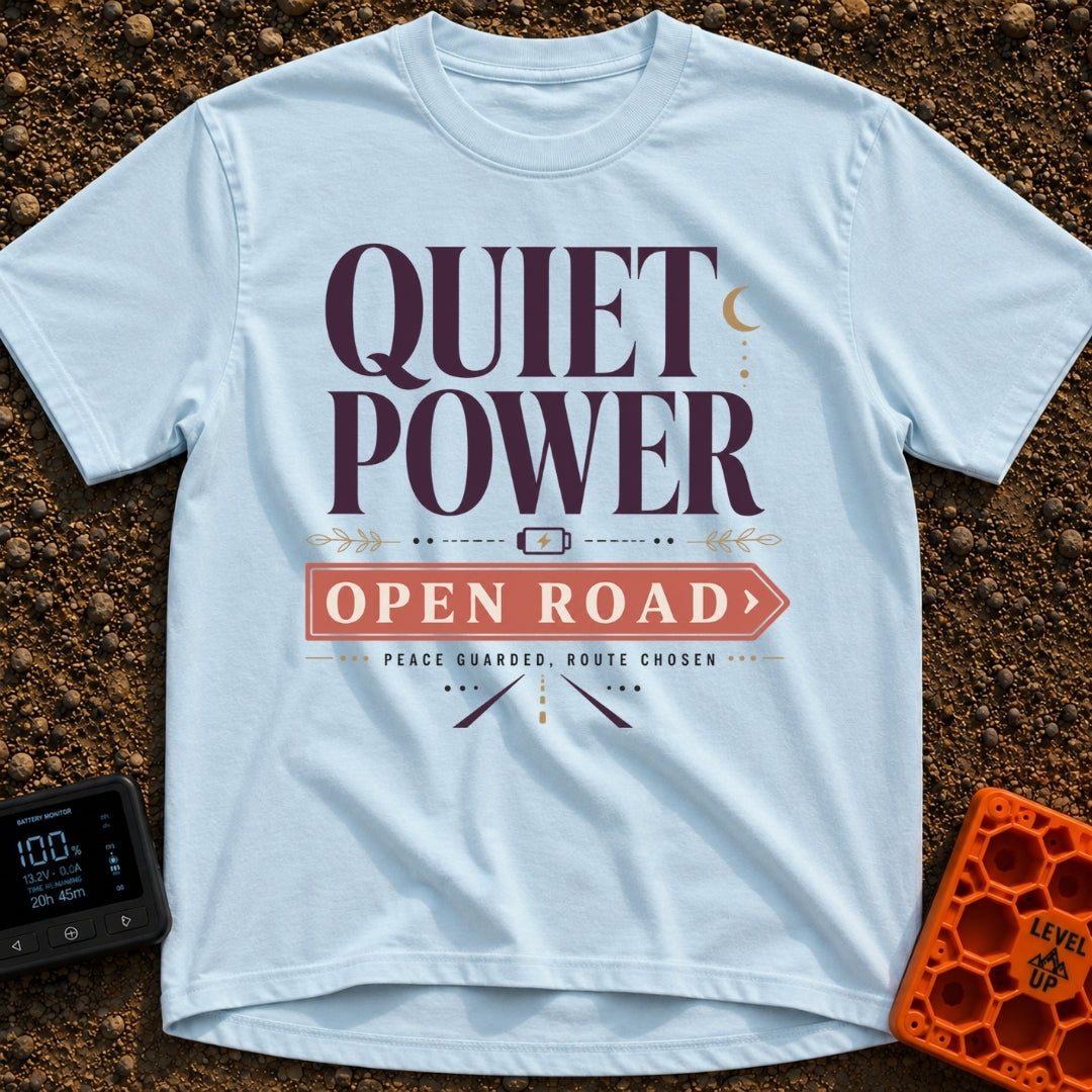Hushed Highway Harmony - T-Shirt in Chambray - A typographic design featuring the large text "QUIET POWER" above a small...