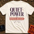 Hushed Highway Harmony - T-Shirt in Ivory - A typographic design featuring the large text "QUIET POWER" above a small...