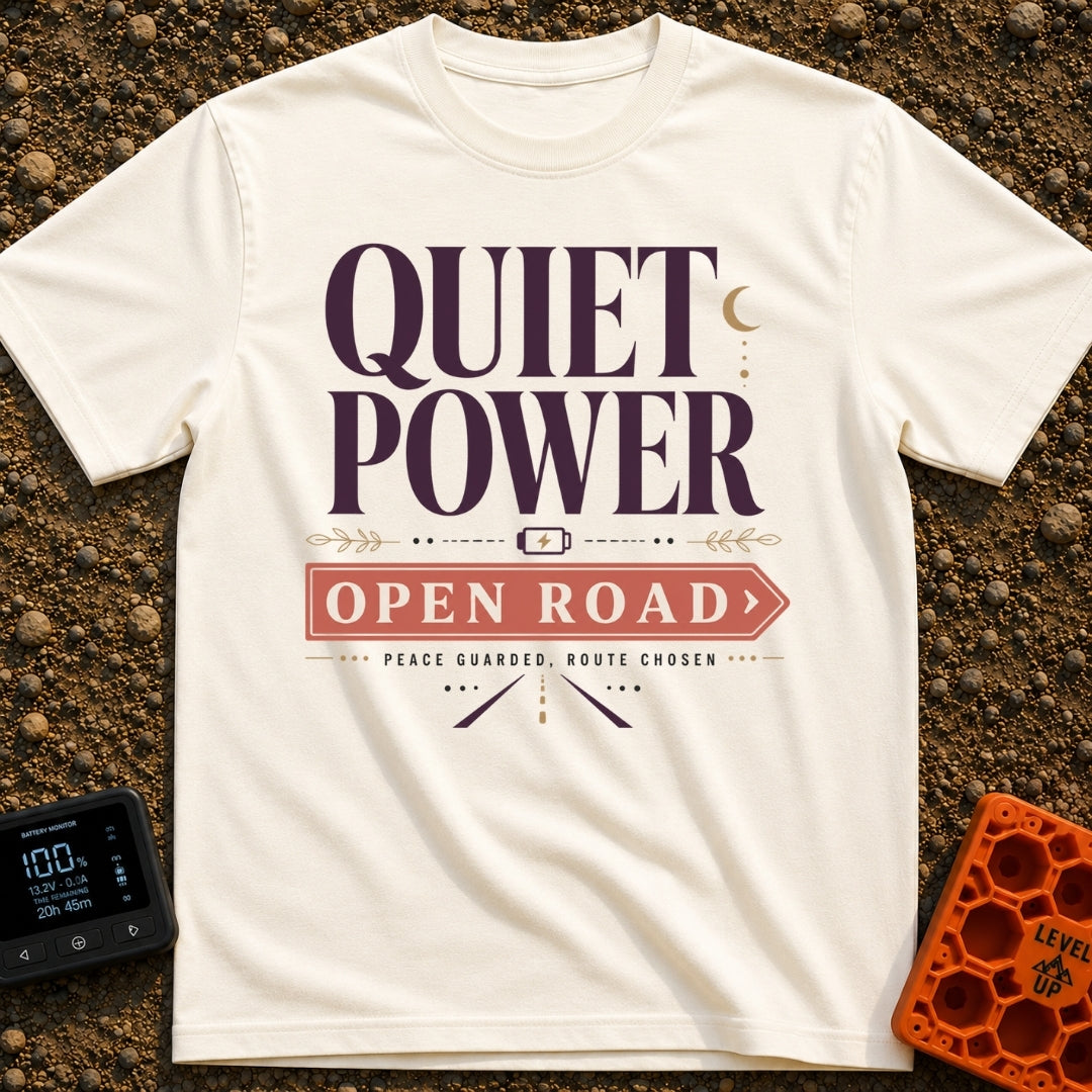 Hushed Highway Harmony - T-Shirt in Ivory - A typographic design featuring the large text "QUIET POWER" above a small...