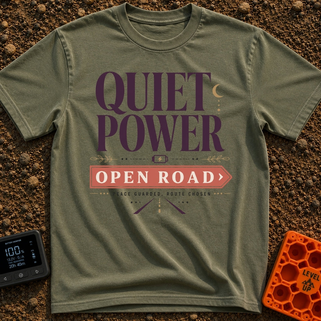 Hushed Highway Harmony - T-Shirt in Moss - A typographic design featuring the large text "QUIET POWER" above a small...