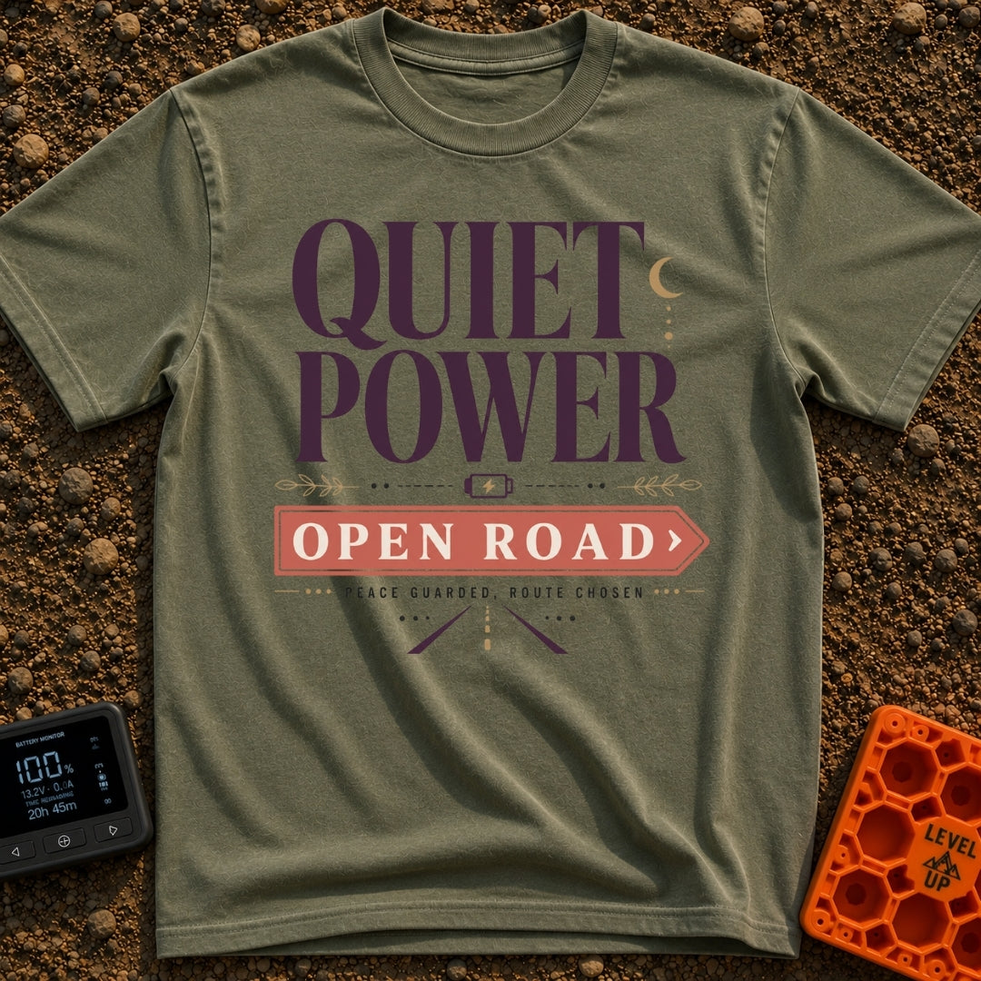 Hushed Highway Harmony - T-Shirt in Moss - A typographic design featuring the large text "QUIET POWER" above a small...