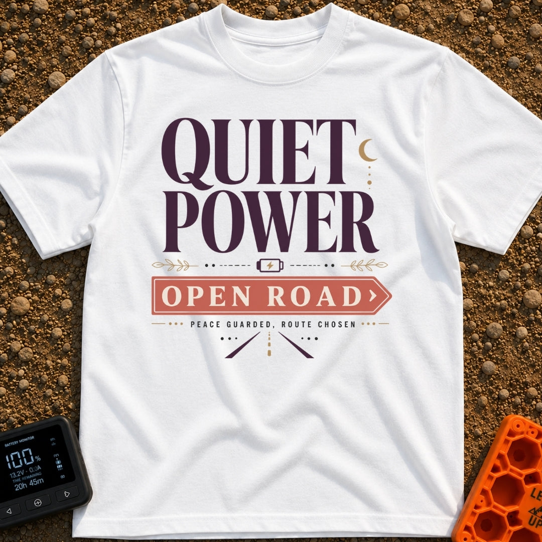 Hushed Highway Harmony - T-Shirt in White - A typographic design featuring the large text "QUIET POWER" above a small...