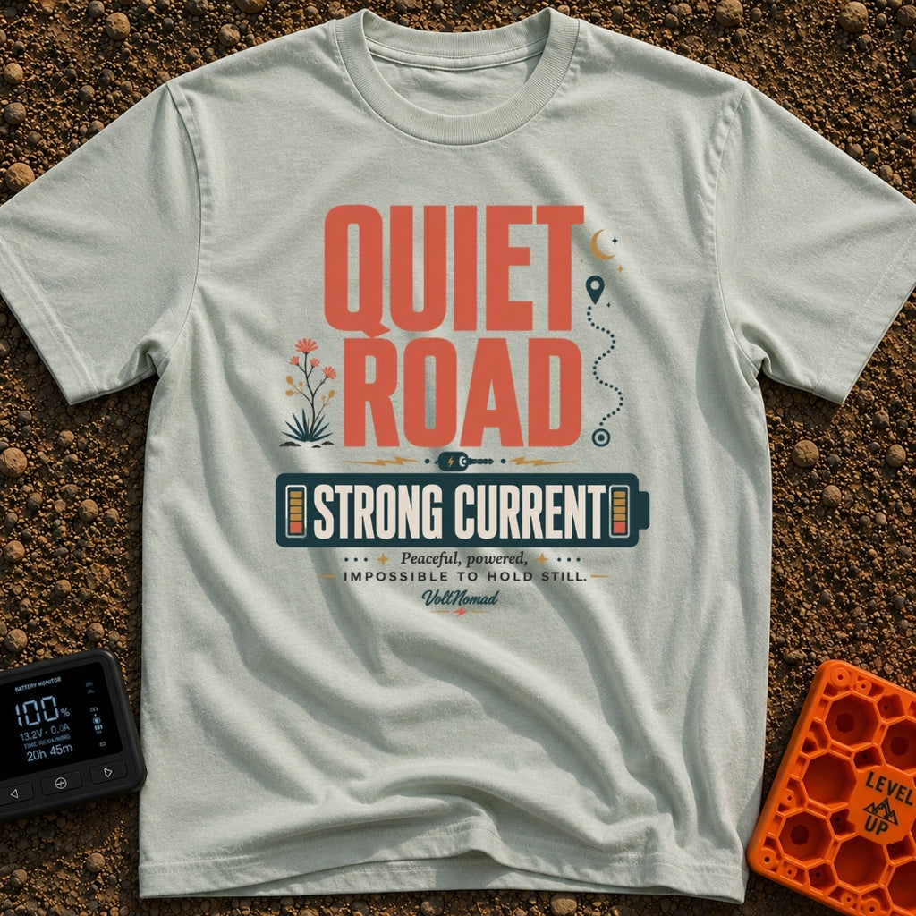 Power To The Peaceful - T-Shirt in Bay - The design features large retro typography reading "QUIET ROAD" above a battery...