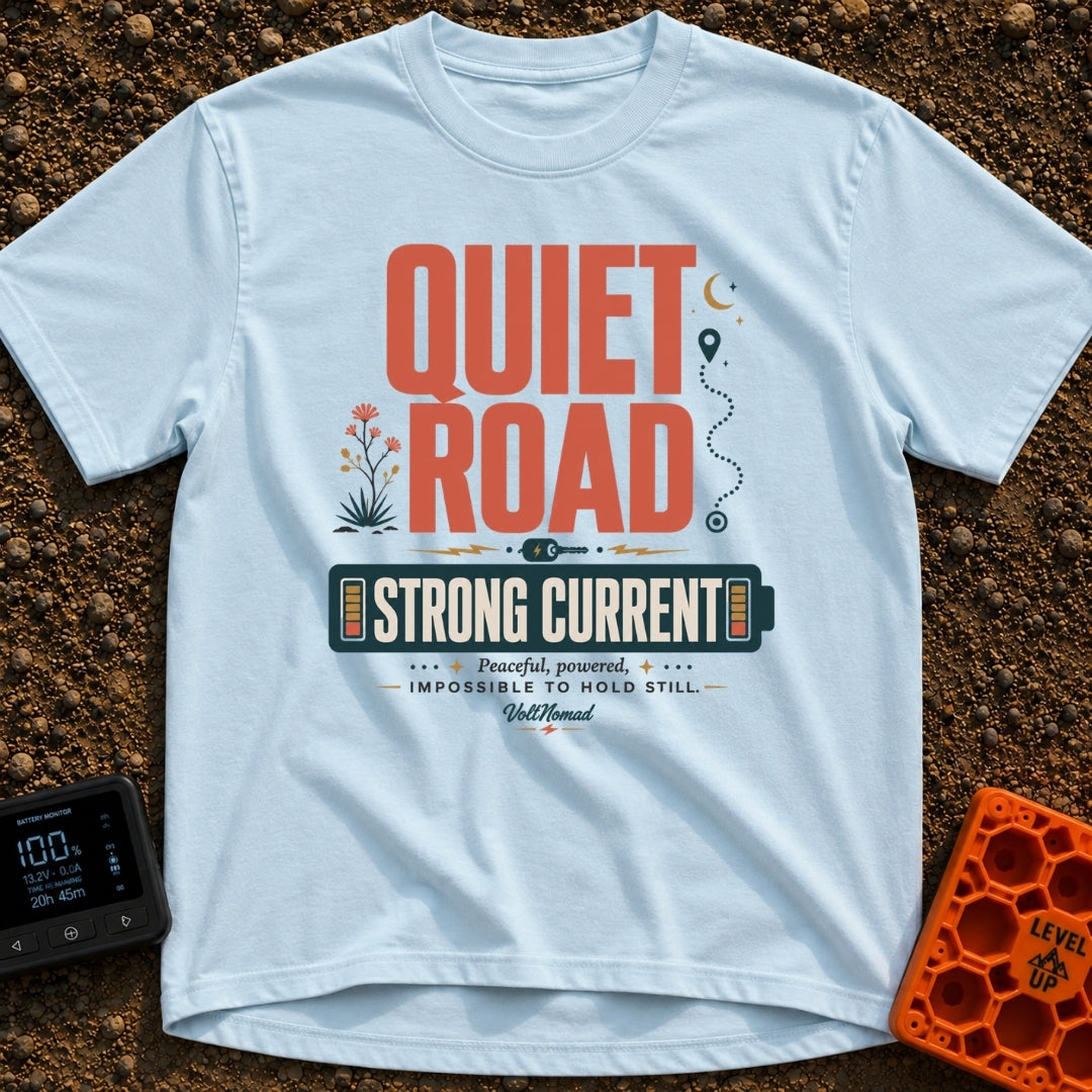 Power To The Peaceful - T-Shirt in Chambray - The design features large retro typography reading "QUIET ROAD" above a...
