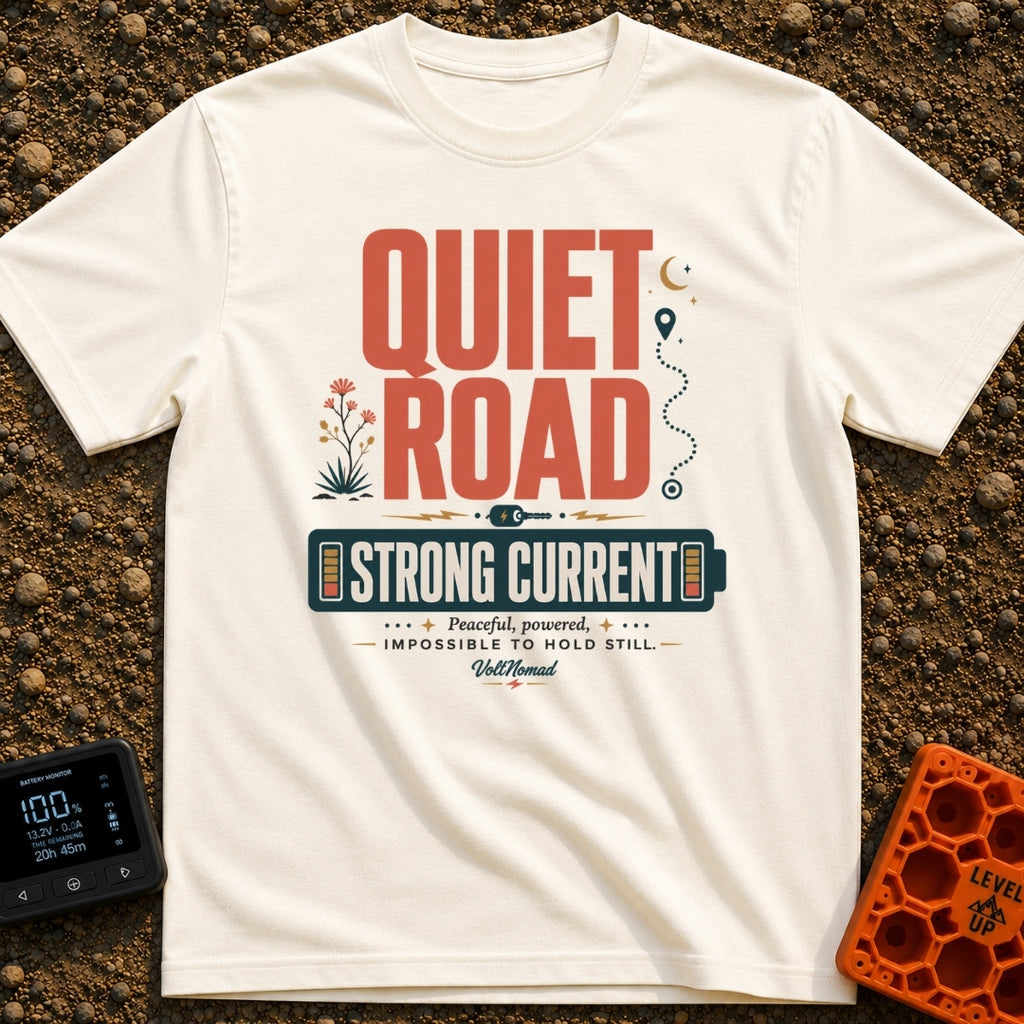 Power To The Peaceful - T-Shirt in Ivory - The design features large retro typography reading "QUIET ROAD" above a...