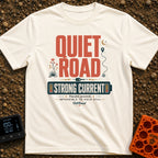 Power To The Peaceful - T-Shirt in Ivory - The design features large retro typography reading "QUIET ROAD" above a...