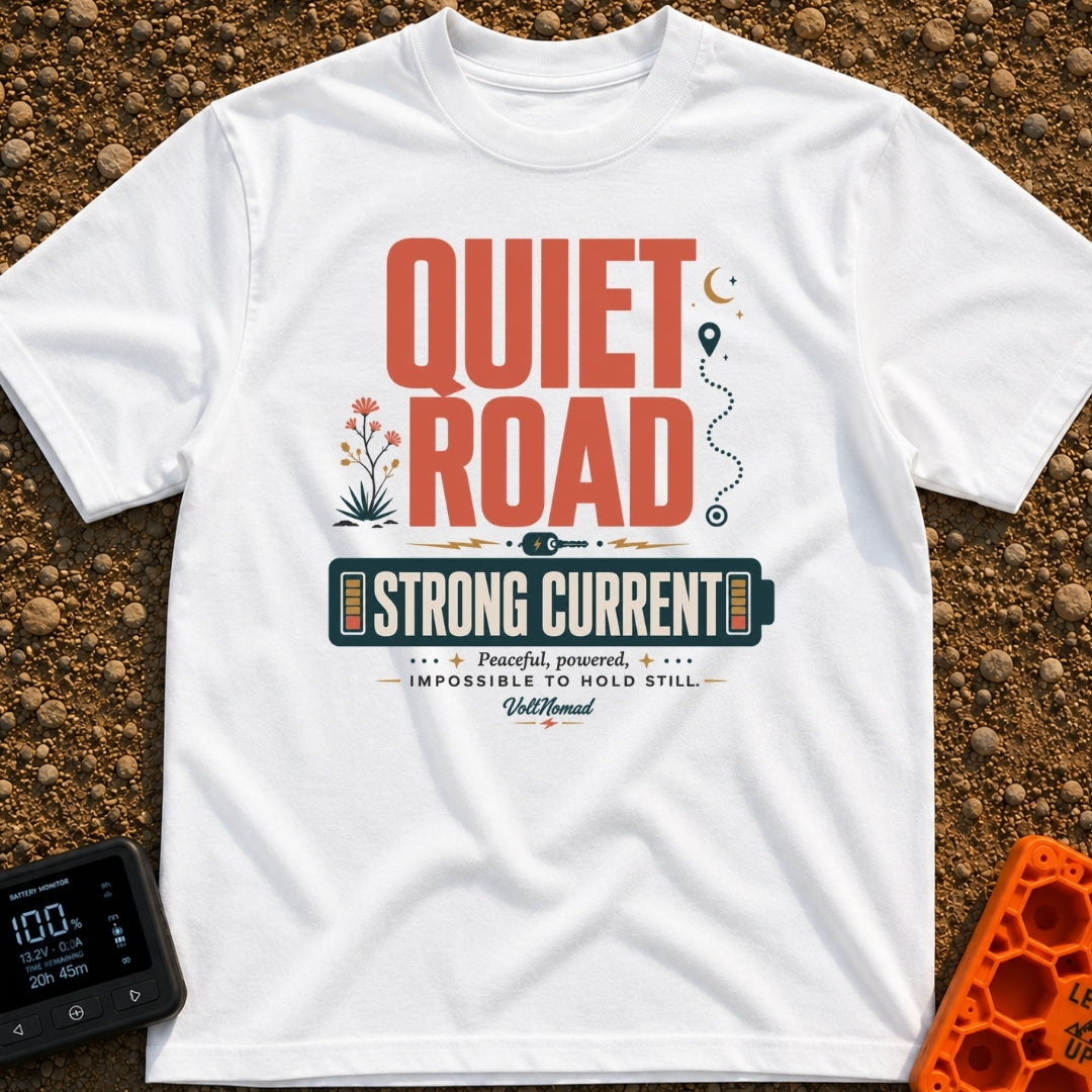 Power To The Peaceful - T-Shirt in White - The design features large retro typography reading "QUIET ROAD" above a...