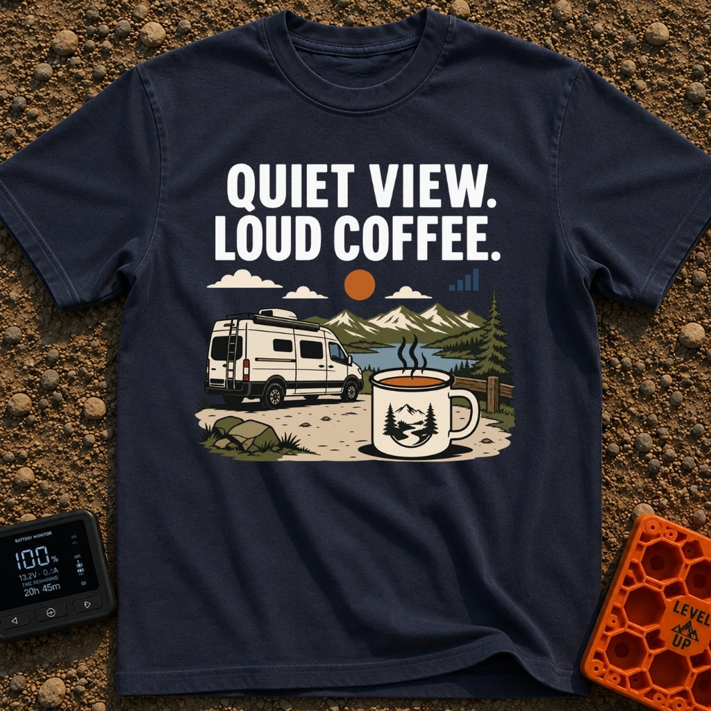 Quiet View Loud Brew - T-Shirt in Navy - A white camper van parked on a dirt path next to a scenic mountain lake, with a...
