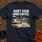 Quiet View Loud Brew - T-Shirt in Navy - A white camper van parked on a dirt path next to a scenic mountain lake, with a...