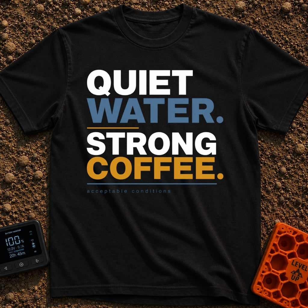 Still Waters Strong Brew - T-Shirt in Black - A text-based design featuring the stacked words "QUIET WATER." and "STRONG...
