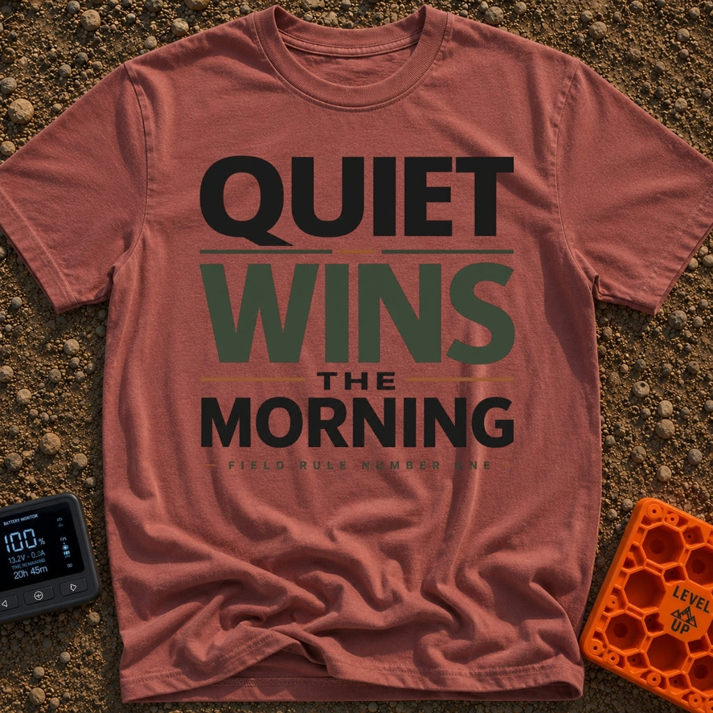 Quiet Wins Mornings - T-Shirt in Brick - A typographic design featuring the stacked phrase "QUIET WINS THE MORNING" in...