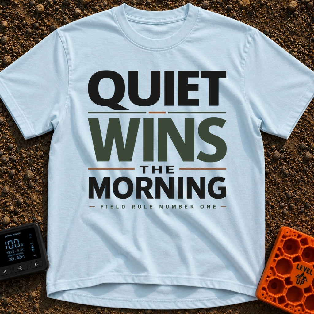 Quiet Wins Mornings - T-Shirt in Chambray - A typographic design featuring the stacked phrase "QUIET WINS THE MORNING" in...