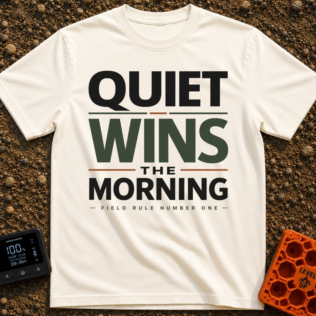 Quiet Wins Mornings - T-Shirt in Ivory - A typographic design featuring the stacked phrase "QUIET WINS THE MORNING" in...