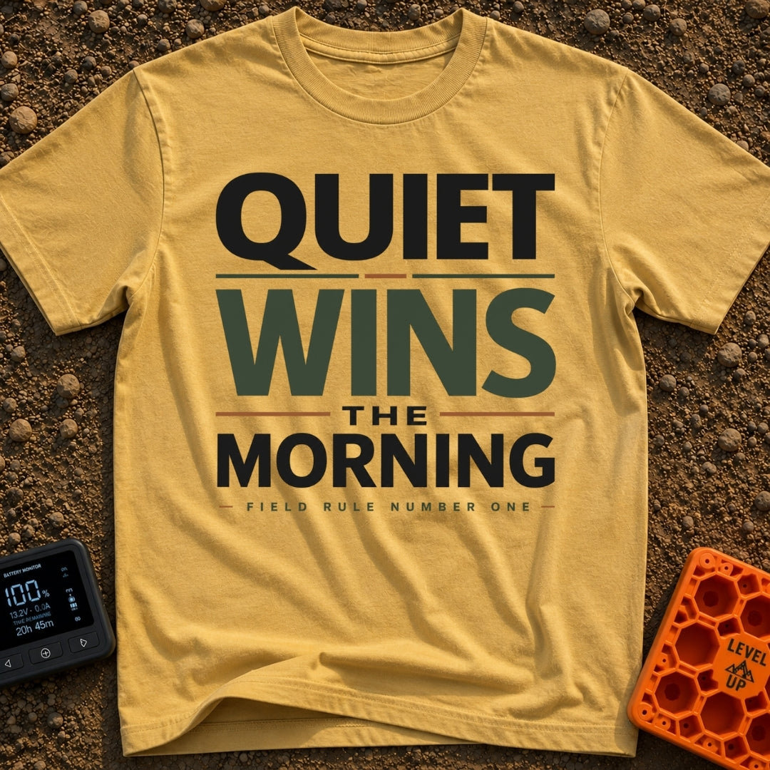 Quiet Wins Mornings - T-Shirt in Mustard - A typographic design featuring the stacked phrase "QUIET WINS THE MORNING" in...